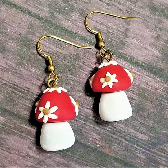 Artisan Earrings. Mushrooms with Flowers. Red & White. Pierced. - Picture 3 of 4